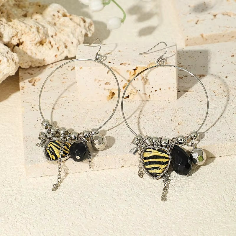 Retro Metal Hoop Earrings Creative Multi Element Bow Chain Zebra Pattern Ear Rings for Women Bohemian Jewelry Wholesale