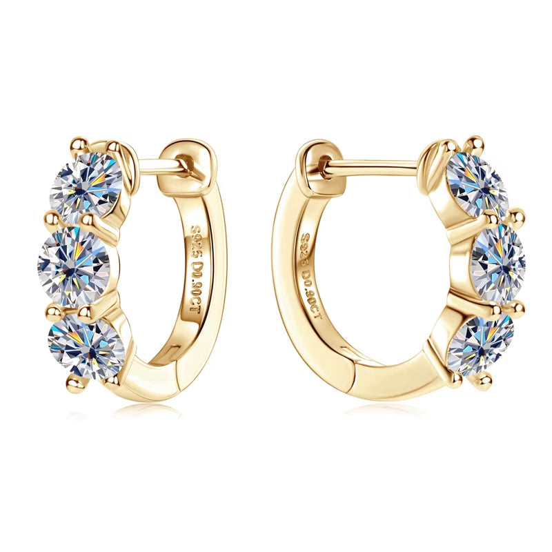 2024 New Three Stone Earrings Real 925 Sterling Silver 4Mm round Moissanite Hoop Earrings for Women Jewelry Gift Valentine Day