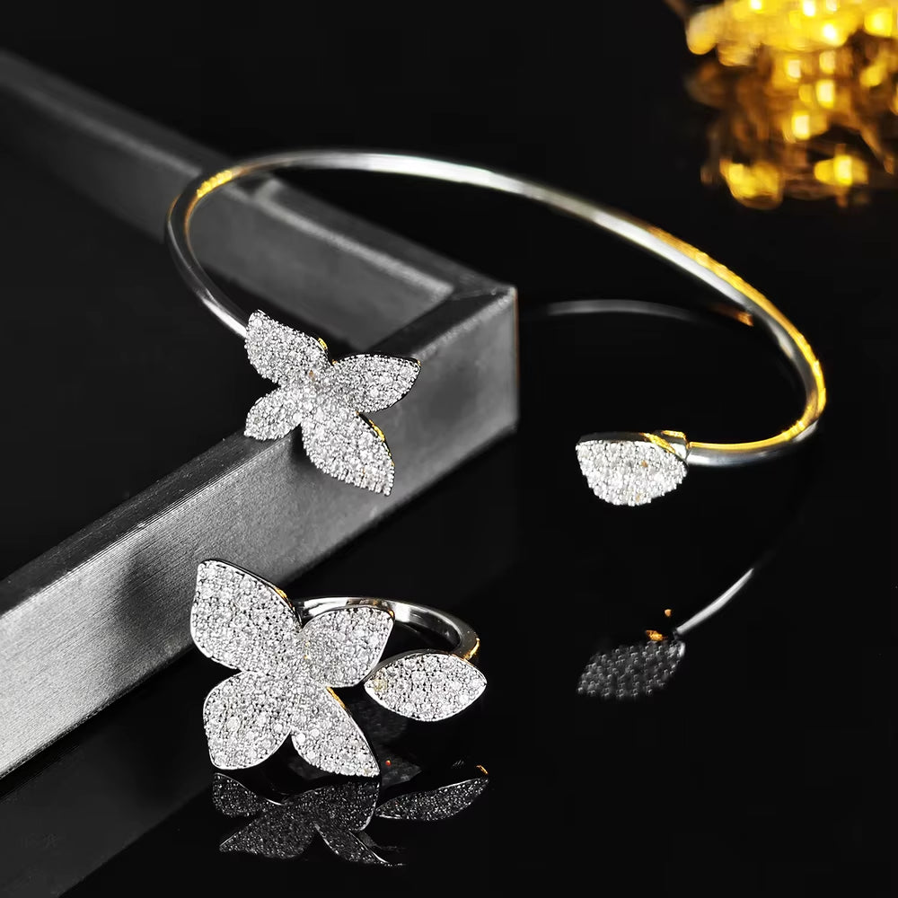 Luxury Designer Silver Color Flower Leaf Adjustable Jewelry Set Ring Bangle for Women Free Items Gift Jewelry R5433-S8026