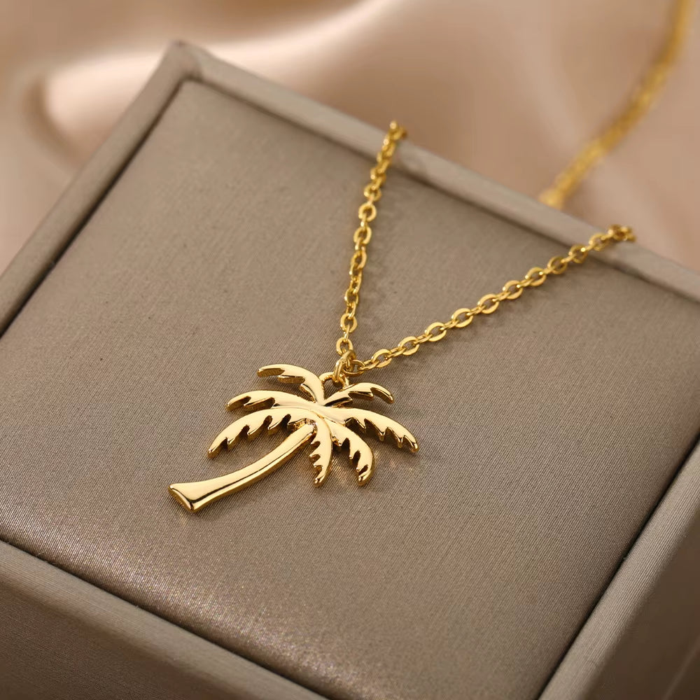 Coconut Palm Tree Necklace for Women Dainty Stainless Steel Gold Color Necklace Hawaiian Jewelry Summer Ocean Beach Accessories
