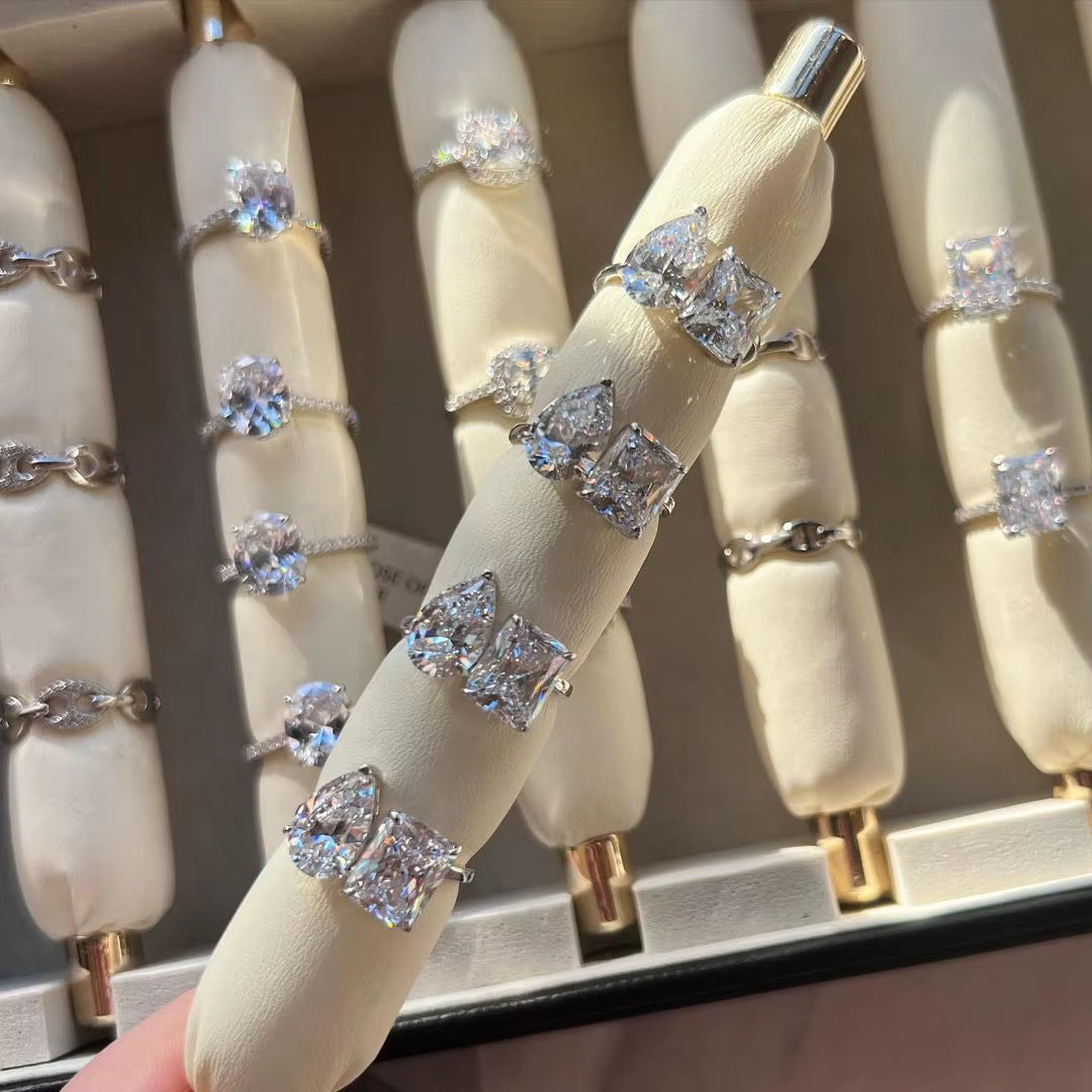 5A Cubic Zirconia CZ Rectangle Tear Drop Stone Sparking Bling Iced Out Open Adjusted Wedding Ring for Women