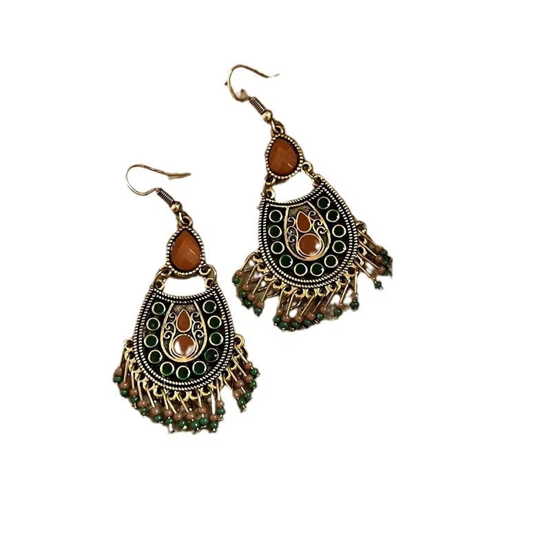 African Amber Beaded Tassel Ear Rings Ethnic Style Unique Vintage Bohemia Luxury High-End Metal Feather Water Drop Earrings