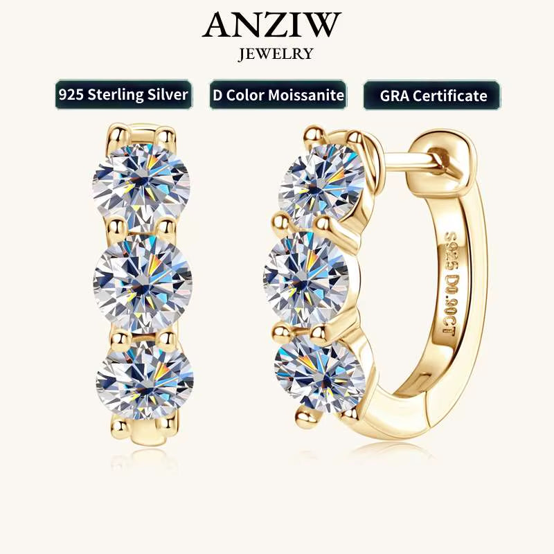 2024 New Three Stone Earrings Real 925 Sterling Silver 4Mm round Moissanite Hoop Earrings for Women Jewelry Gift Valentine Day