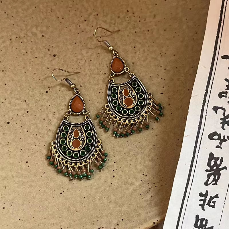 African Amber Beaded Tassel Ear Rings Ethnic Style Unique Vintage Bohemia Luxury High-End Metal Feather Water Drop Earrings