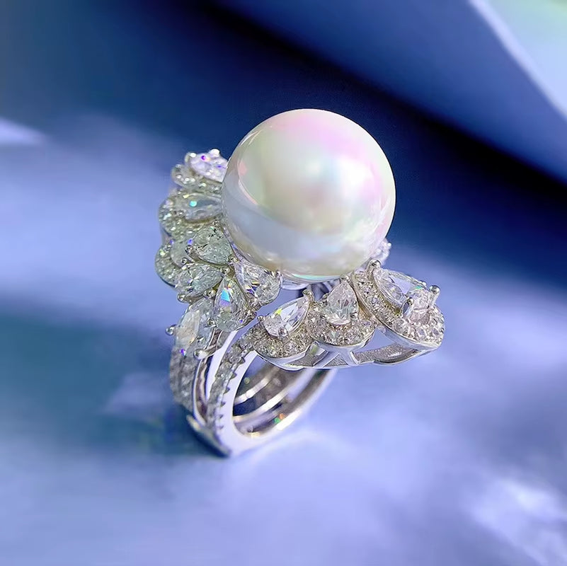 2-In-1 16Mm Pearl Diamond Ring Sets 100% Real 925 Sterling Silver Party Wedding Band Rings for Women Bridal Engagement Jewelry