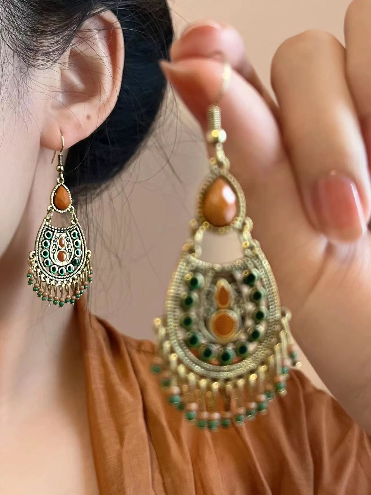 African Amber Beaded Tassel Ear Rings Ethnic Style Unique Vintage Bohemia Luxury High-End Metal Feather Water Drop Earrings