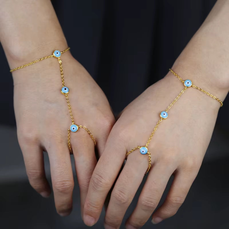 Wholesale Fashion Women Jewelry Hand Chain Gold Color Blue Enamel Evil Eye Charm Chain Bracelet