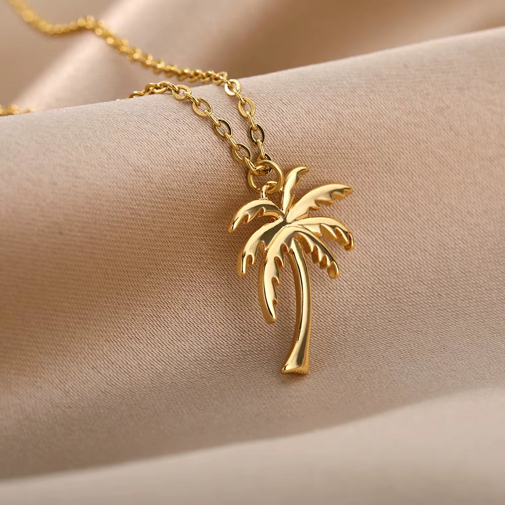 Coconut Palm Tree Necklace for Women Dainty Stainless Steel Gold Color Necklace Hawaiian Jewelry Summer Ocean Beach Accessories