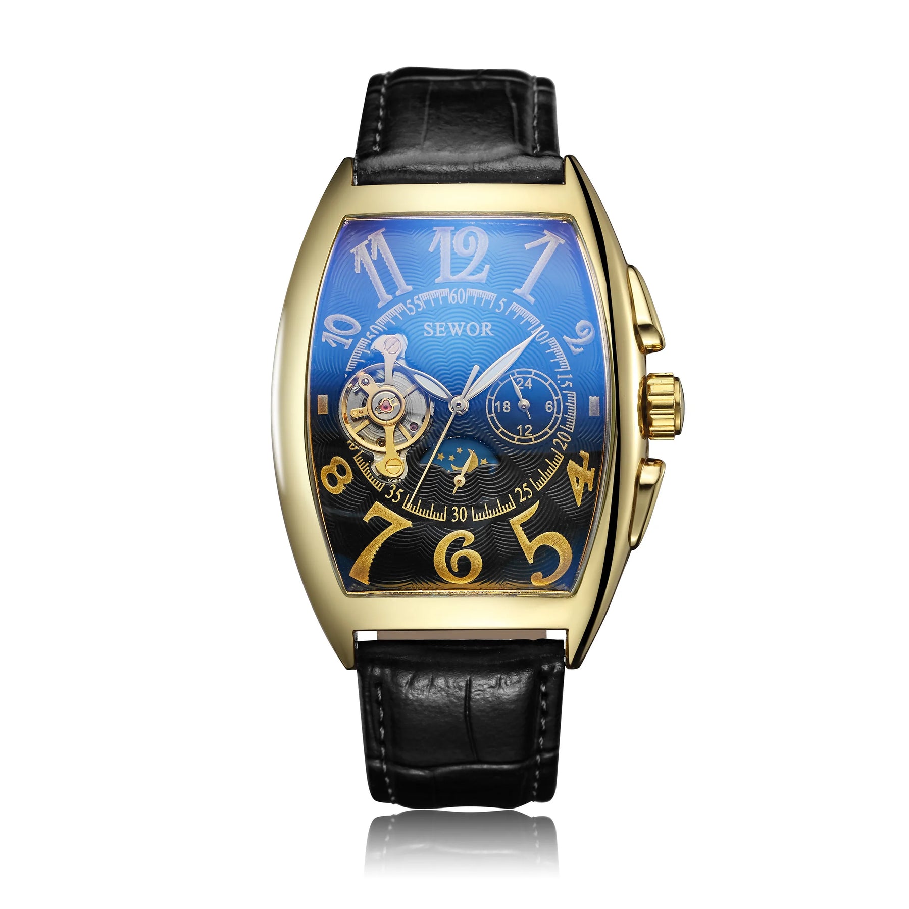 Top Fashion Luxury Gold Watch Men Mon Phase Tourbillon Watches Small Seconds Automatic Mechanical Wristwatches Reloj Hombre 2023