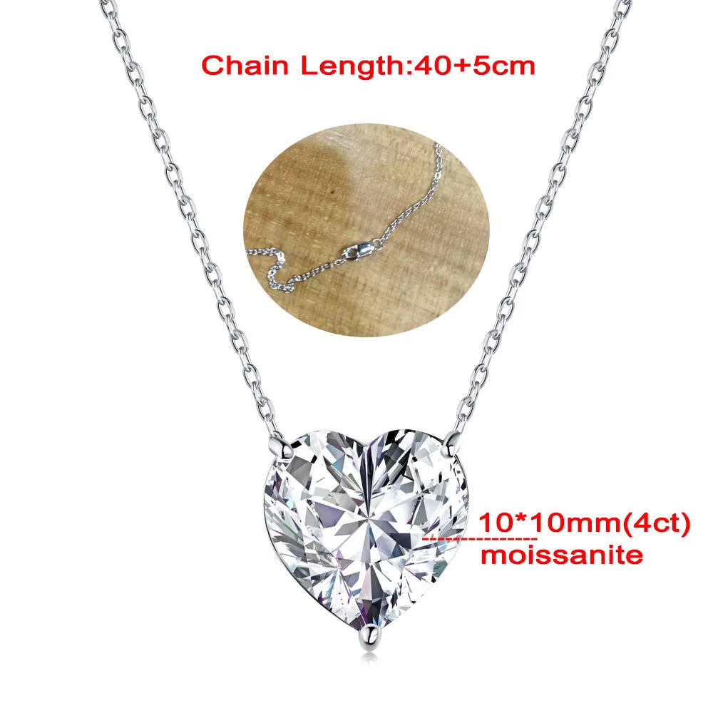4 Carat Heart Shape Moissanite Pendent Necklace for Women D Color VVS Diamond with Certificate S925 Silver Plated 18K Neck Chain