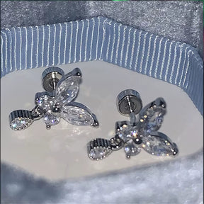 Shiny Hollow Silver Color Rhinestone Butterfly 316L Stainless Steel Ear Bone Nail Delicate Waterproof Small Earrings for Women