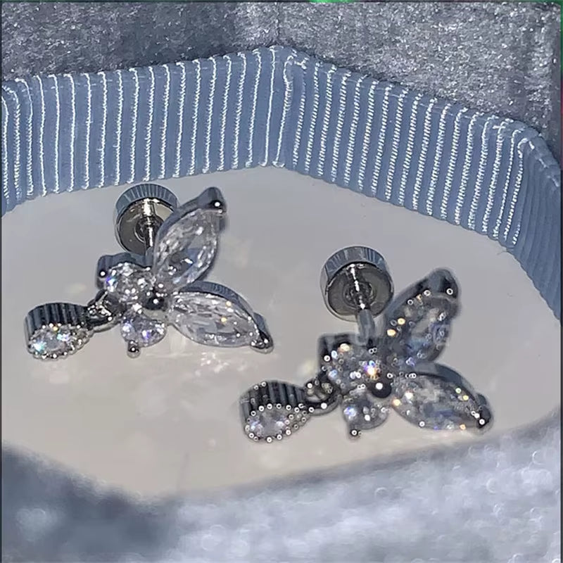 Shiny Hollow Silver Color Rhinestone Butterfly 316L Stainless Steel Ear Bone Nail Delicate Waterproof Small Earrings for Women
