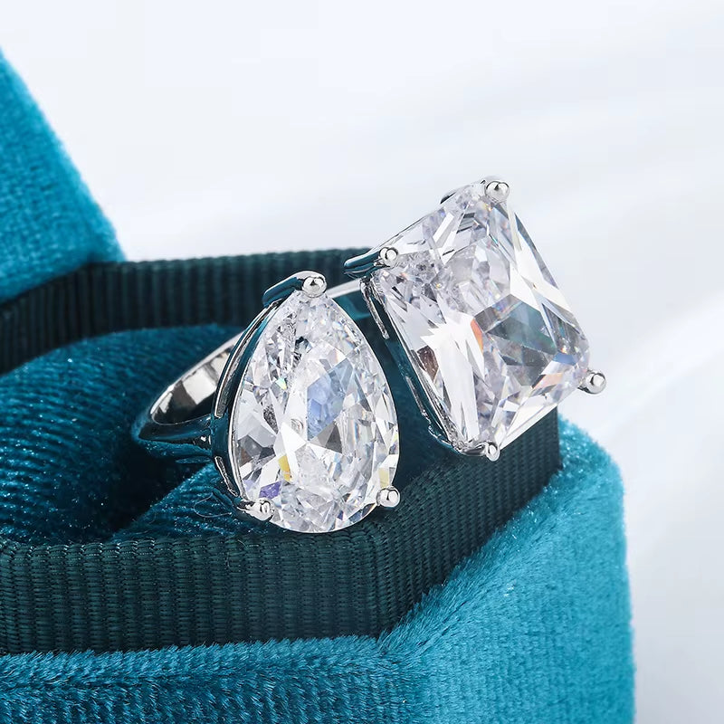 Geometric Square Waterdrop Zircon Opening Ring Female 925 Stamp Luxury Super Flash Zircon Asymmetric Ring Party Wedding Gift