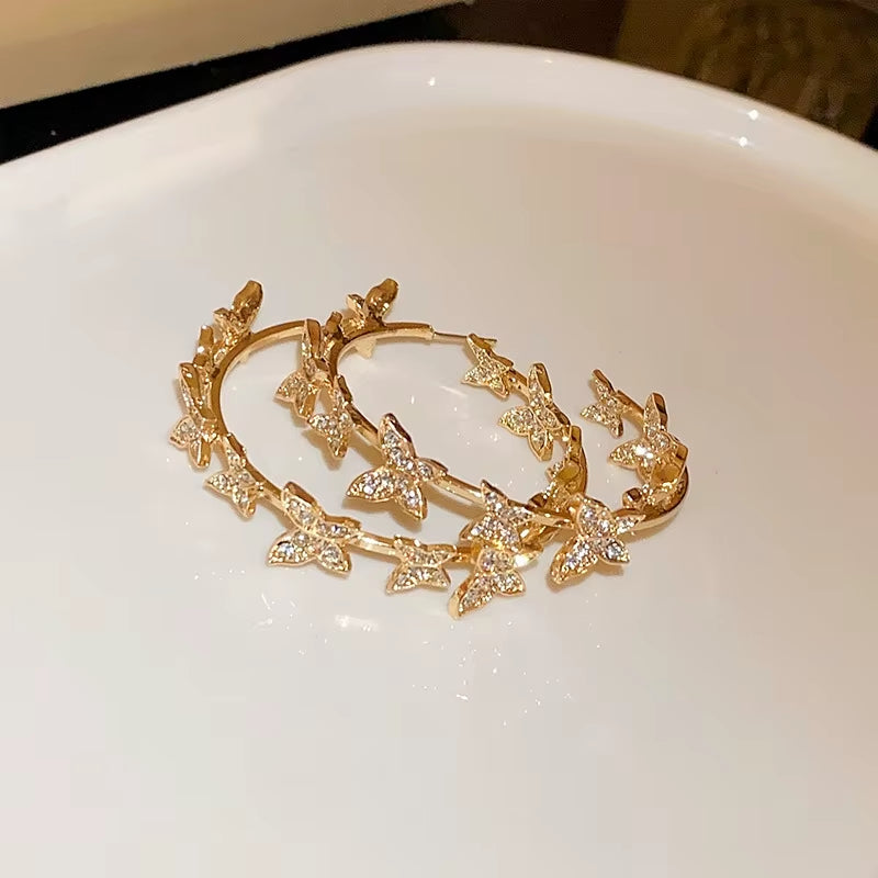 Full Zircon Butterfly Circle Hoop Earring Women Ear Ring 2024 Korea Jewelry Gift Creative Alloy Butterfly Elf Ear Hoop Ear Round