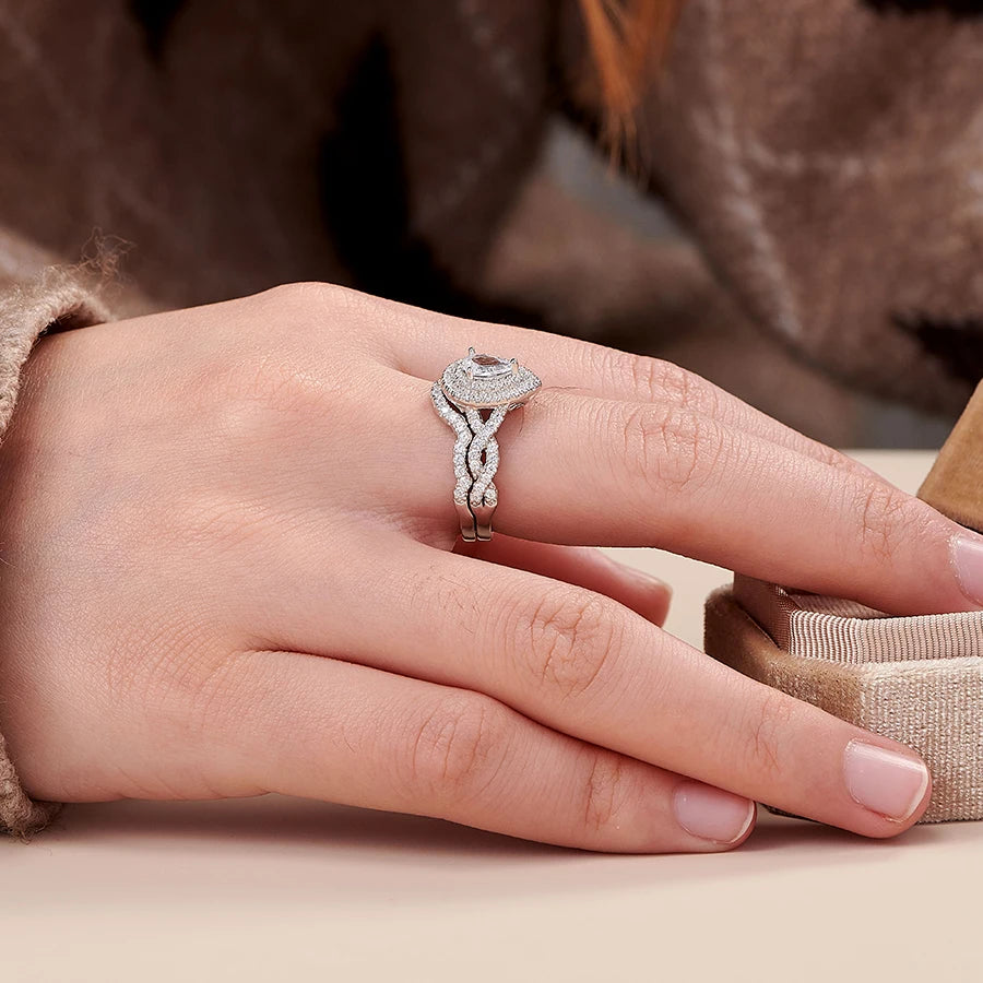 Infinity Engagement Ring Wedding Band for Women 925 Sterling Silver Bridal Rings Set Halo Pear Cut AAAAA Cubic Zircon