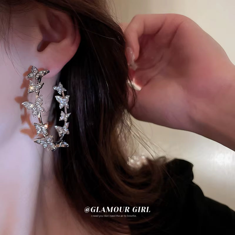 Full Zircon Butterfly Circle Hoop Earring Women Ear Ring 2024 Korea Jewelry Gift Creative Alloy Butterfly Elf Ear Hoop Ear Round