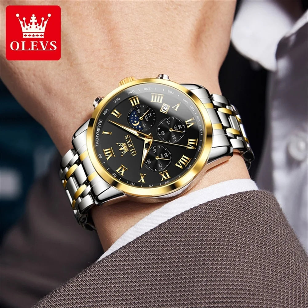 5529 Top Luxury Brand Men'S Watch Waterproof Luminous Stainless Steel Lunar Phase Timing Code Watch New Quartz Men'S Watch