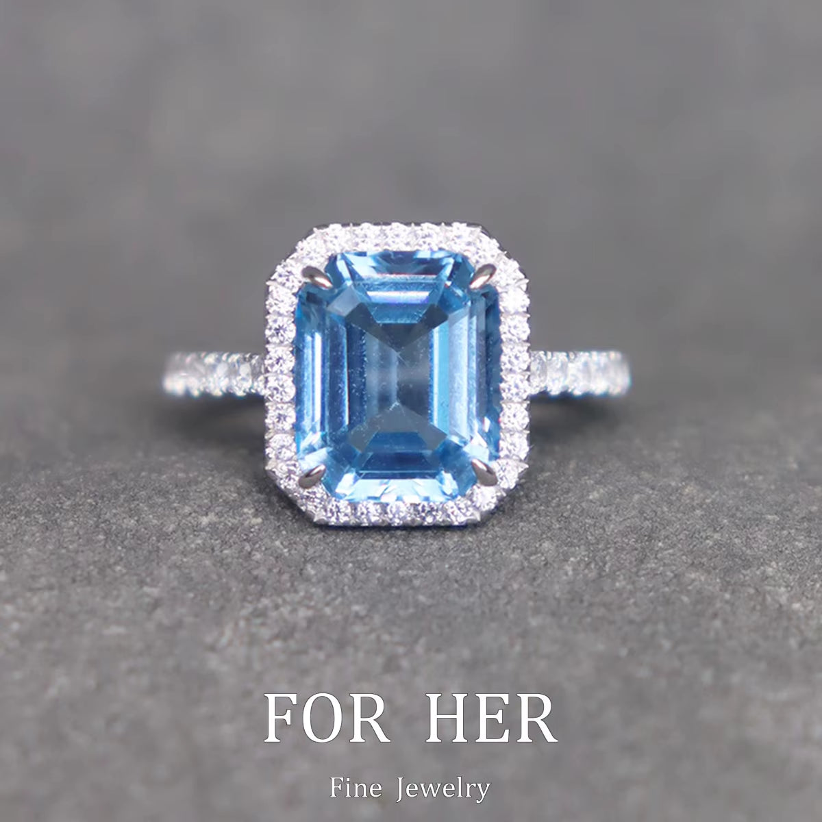 Forher S925 Synthetic Blue Treasure Aquamarine Gemstone Ring for Women Vintage Sparkling Birthstone Square Big Stone Jewelry