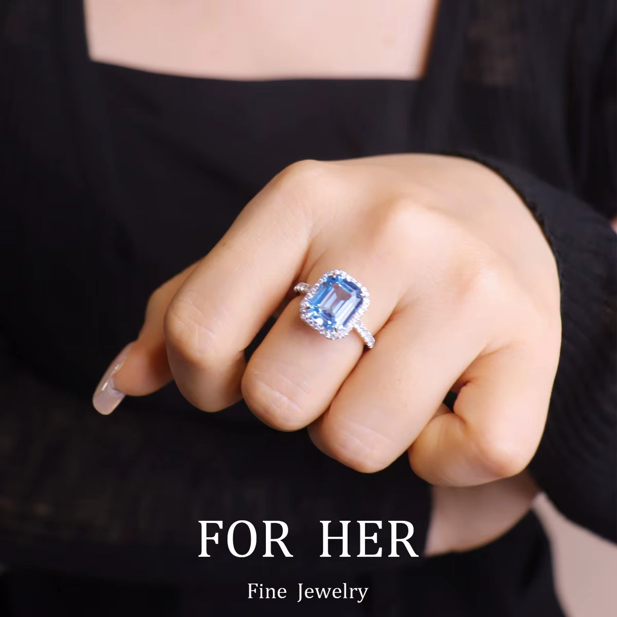 Forher S925 Synthetic Blue Treasure Aquamarine Gemstone Ring for Women Vintage Sparkling Birthstone Square Big Stone Jewelry