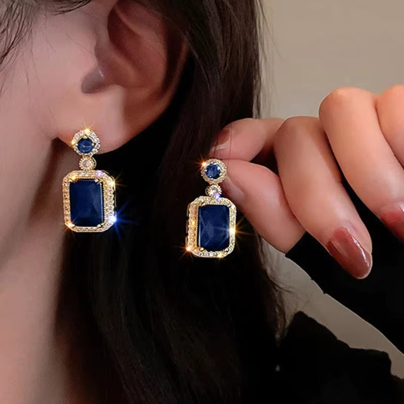 Gold Color Blue Stone Earrings Women Girl Luxury Dangle Ear Rings for Wedding Engagement Party Anniversary Jewelry Gifts KDE254
