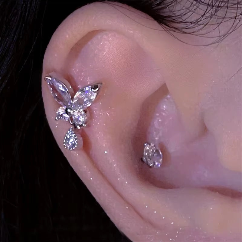 Shiny Hollow Silver Color Rhinestone Butterfly 316L Stainless Steel Ear Bone Nail Delicate Waterproof Small Earrings for Women