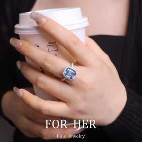 Forher S925 Synthetic Blue Treasure Aquamarine Gemstone Ring for Women Vintage Sparkling Birthstone Square Big Stone Jewelry