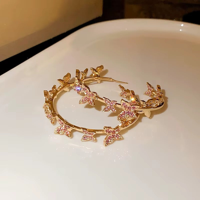 Full Zircon Butterfly Circle Hoop Earring Women Ear Ring 2024 Korea Jewelry Gift Creative Alloy Butterfly Elf Ear Hoop Ear Round