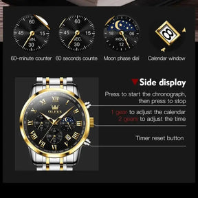 5529 Top Luxury Brand Men'S Watch Waterproof Luminous Stainless Steel Lunar Phase Timing Code Watch New Quartz Men'S Watch