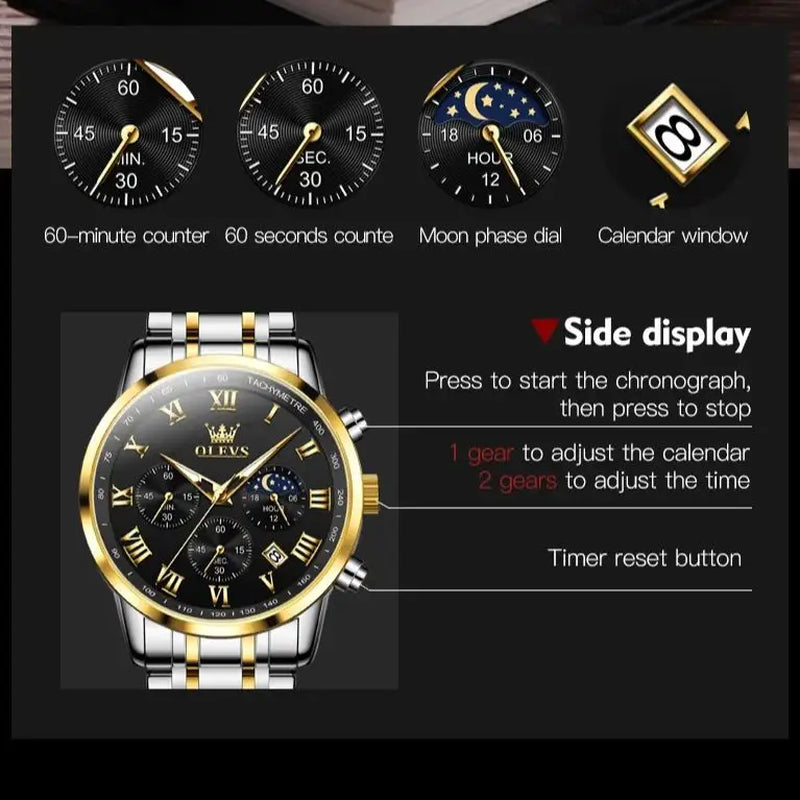 5529 Top Luxury Brand Men'S Watch Waterproof Luminous Stainless Steel Lunar Phase Timing Code Watch New Quartz Men'S Watch