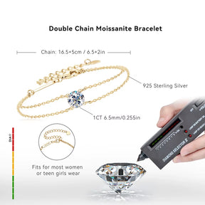 6.5Mm 1Ct Moissanite Bracelet 925 Sterling Silver Certified Double Chain Bracelets for Women Charm Wedding Jewelry Gift