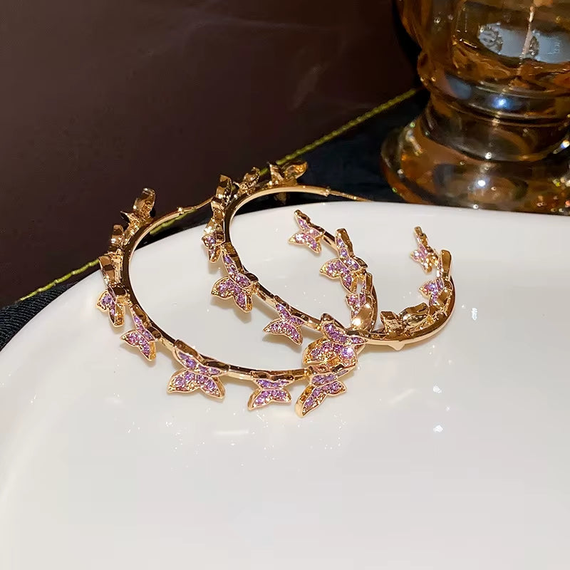 Full Zircon Butterfly Circle Hoop Earring Women Ear Ring 2024 Korea Jewelry Gift Creative Alloy Butterfly Elf Ear Hoop Ear Round