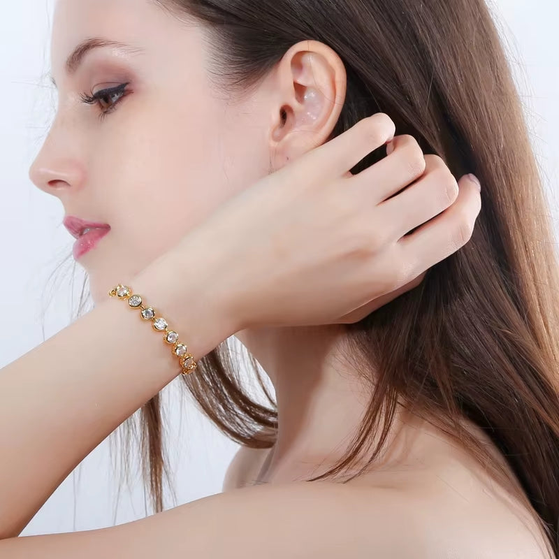 Pera Gorgeous Design Gold Color round Shape Purple Cubic Zirconia Stone Charm Link Bracelets Wedding Jewelry for Women B020