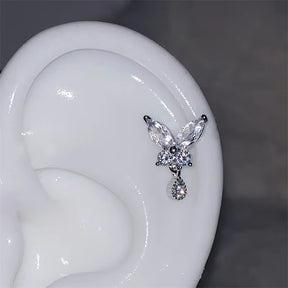Shiny Hollow Silver Color Rhinestone Butterfly 316L Stainless Steel Ear Bone Nail Delicate Waterproof Small Earrings for Women