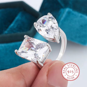 Geometric Square Waterdrop Zircon Opening Ring Female 925 Stamp Luxury Super Flash Zircon Asymmetric Ring Party Wedding Gift