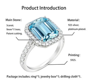 Forher S925 Synthetic Blue Treasure Aquamarine Gemstone Ring for Women Vintage Sparkling Birthstone Square Big Stone Jewelry