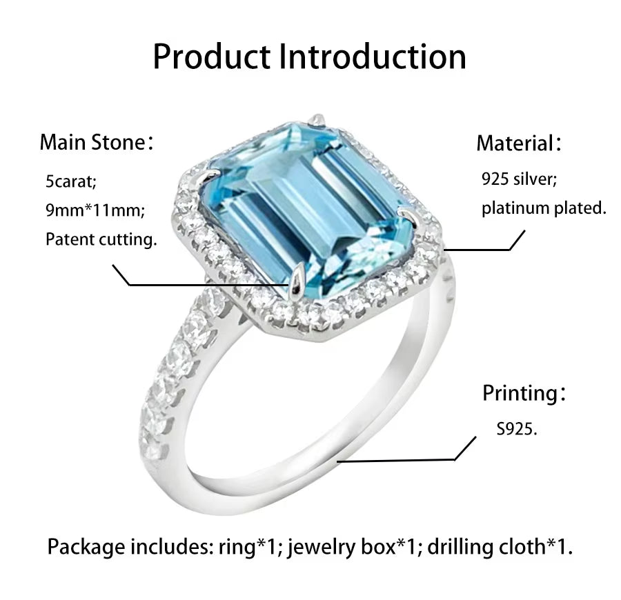 Forher S925 Synthetic Blue Treasure Aquamarine Gemstone Ring for Women Vintage Sparkling Birthstone Square Big Stone Jewelry