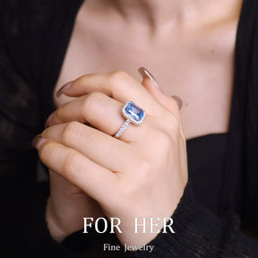 Forher S925 Synthetic Blue Treasure Aquamarine Gemstone Ring for Women Vintage Sparkling Birthstone Square Big Stone Jewelry