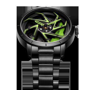 Fashion Hot Sell Car Rim Men Watches Stainless Steel Waterproof Sport Watch 360 Degree Rotating Wheel Rim Dial Quartz Wristwatch