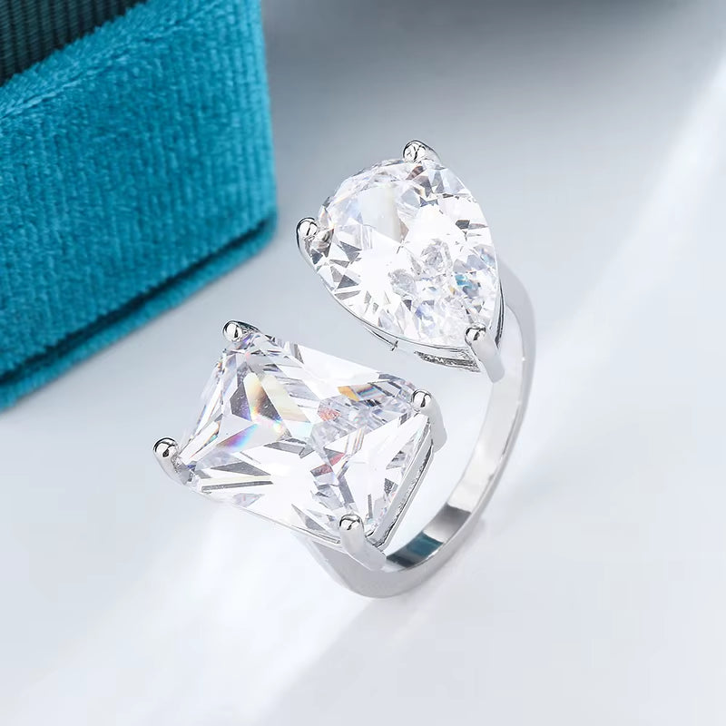 Geometric Square Waterdrop Zircon Opening Ring Female 925 Stamp Luxury Super Flash Zircon Asymmetric Ring Party Wedding Gift