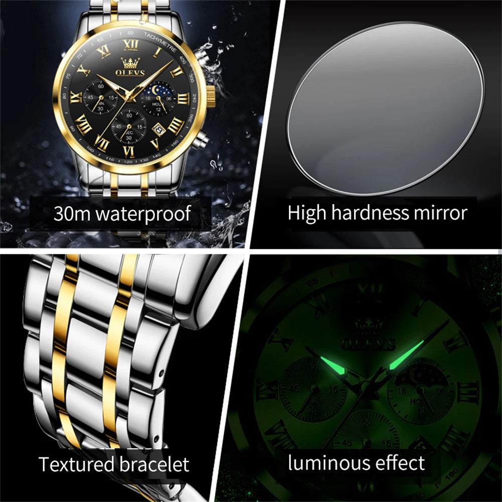 5529 Top Luxury Brand Men'S Watch Waterproof Luminous Stainless Steel Lunar Phase Timing Code Watch New Quartz Men'S Watch