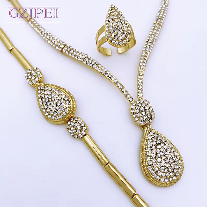 Italian 18K Gold Plated Women Jewelry Set Water Drop Pendant Necklace Earrings Bracelet Ensembles De Bijoux Plaqué or 18 Carats