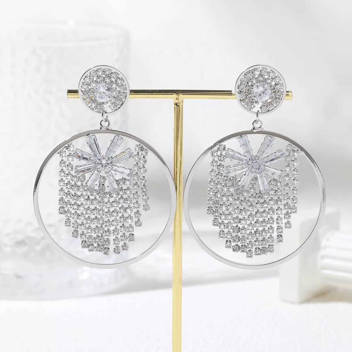 Fashion Snowflake Tassel Exaggerated Large Circular Ring Zircon Earrings Party Banquet Women Ear Accessories Jewelry