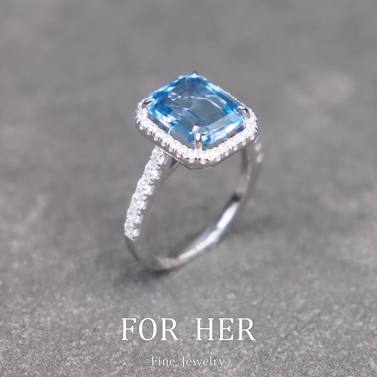Forher S925 Synthetic Blue Treasure Aquamarine Gemstone Ring for Women Vintage Sparkling Birthstone Square Big Stone Jewelry