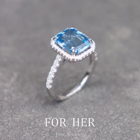 Forher S925 Synthetic Blue Treasure Aquamarine Gemstone Ring for Women Vintage Sparkling Birthstone Square Big Stone Jewelry