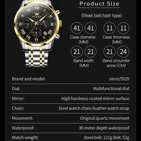 5529 Top Luxury Brand Men'S Watch Waterproof Luminous Stainless Steel Lunar Phase Timing Code Watch New Quartz Men'S Watch