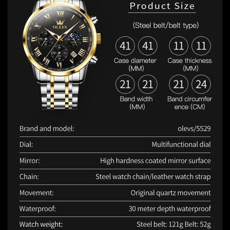 5529 Top Luxury Brand Men'S Watch Waterproof Luminous Stainless Steel Lunar Phase Timing Code Watch New Quartz Men'S Watch
