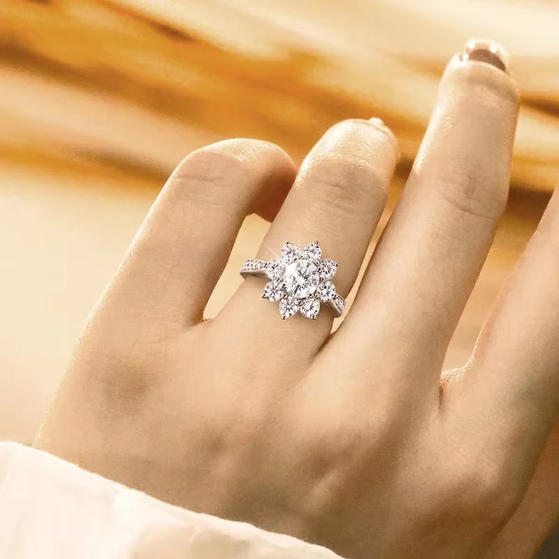 1/2CT Full Moissanite Ring S925 Silver Plated 18K Women Sunflower Engagement Wedding Rings Gifts Fine Jewelry Certificate