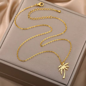 Coconut Palm Tree Necklace for Women Dainty Stainless Steel Gold Color Necklace Hawaiian Jewelry Summer Ocean Beach Accessories