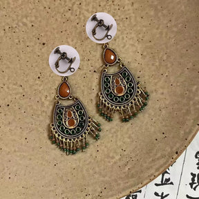 African Amber Beaded Tassel Ear Rings Ethnic Style Unique Vintage Bohemia Luxury High-End Metal Feather Water Drop Earrings